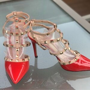 Red/Beige Studded Women's Heels